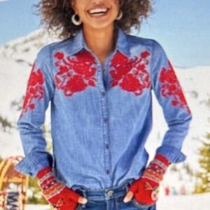 Sundance Blue Denim Shirt with Red Embroidery